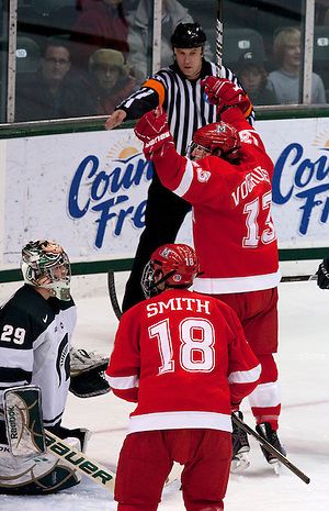 Miami's Trent Vogelhuber celebrates after putting in the first goal of the game. Miami beat Michigan State 4-0. (Erica Treais)