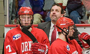 The visiting Cornell University Big Red defeated the Harvard University Crimson 2-1 on Saturday, January 29, 2011, at Bright Hockey Center in Cambridge, Massachusetts. Casey Jones (Melissa Wade)