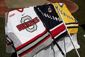 The Cleveland Indians announce the game at Progressive Field between Michigan and Ohio State. (Tim Brule)