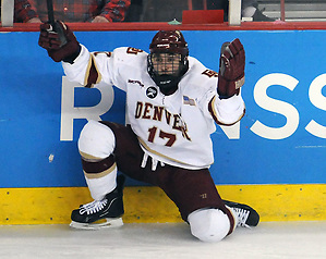 Denver Jason Zucker celebrates his game winning 2OT goal versus Western Michigan. (Tim Brule)