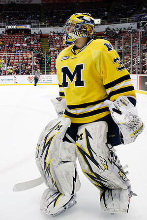 17 Mar 12: Shawn Hunwick (UM - 31)  Western Michigan University wins the Mason Cup in the CCHA Championship against Michigan at Joe Louis Arena in Detroit, MI. (Â©Rachel Lewis)