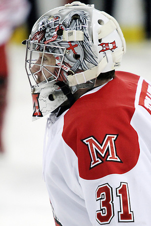 10 Mar 12: Connor Knapp (Miami - 31) Miami University sweeps Michigan State University at Steve Cady Arena in Oxford, OH in Round 2 of the CCHA Playoffs to advance to the semi-finals in Detroit. (Â©Rachel Lewis)