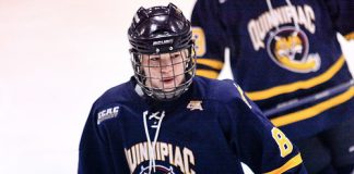 Kelly Babstock (Quinnipiac - 8) looks to the bench prior to a face off. Quinnipiac defeated Princeton 1-0 at Hobey Baker Rink in Princeton, N.J. (Shelley M. Szwast)