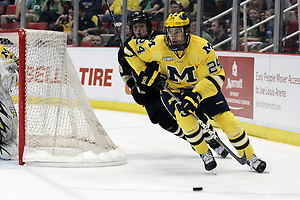 17 Mar 12: Jon Merrill (UM - 24), Will Kessel (WMU - 29)  Western Michigan University wins the Mason Cup in the CCHA Championship against Michigan at Joe Louis Arena in Detroit, MI. (©Rachel Lewis)