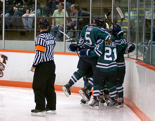 Mercyhurst's Christie Cicero scored just 8 seconds into the first period against RIT. Mercyhurst added a second goal 10 seconds later en route to a 6-2 win (Omar Phillips)