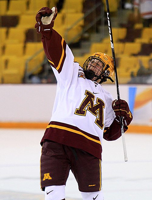 Minnesota's Megan Bozek celebrates her goal vs Cornell in the NCAA Semifinal. (2012 Dave Harwig)