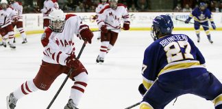 8 DEC 2012: Austin Czarnik (Miami - 7), Matt Bruneteau (LSSU - 27) The Lake Superior State Lakers shut out the Miami RedHawks 1-0 at Steve Cady Arena in Oxford, OH. (USCHO - Rachel Lewis) (Tim Brule)