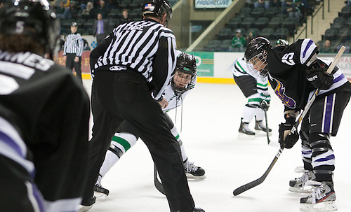 (Becca Kohler-51 North Dakota)(Lauren Smith-25 Mankato State)2 Mar.. 13  The University of North Dakota hosts Bemidji State in a WCHA match-up at the Ralph Engelsted Arena in Grand Forks, ND. (BRADLEY K. OLSON)