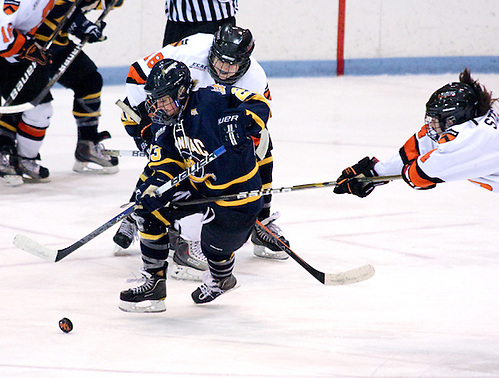 Erica Uden Johansson (Quinnipiac - 13) plays the puck out of the reach of Charrissa Stadnyk (Princeton - 11) and Paula Romanchuk (Princeton - 18), Quinnipiac defeated Princeton 2-0 at Hobey Baker Rink in Princeton, NJ. (Shelley M. Szwast)