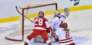 2011 Womens Frozen Four; #29 Marie-Philip Poulin lifting a perfectly placed shot into the far upper corner for Boston U. - Copyright 2011 Angelo Lisuzzo (Angelo Lisuzzo)