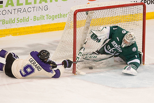 11 Nov 16:  Charlie Gerard (Minnesota State - 9), Michael Bitzer (Bemidji State - 1). The Minnesota State University Mavericks host the Bemidji State University Beavers in a WCHA matchup at the Verizon Wireless Center in Mankato, MN. (Jim Rosvold/USHCO.com)