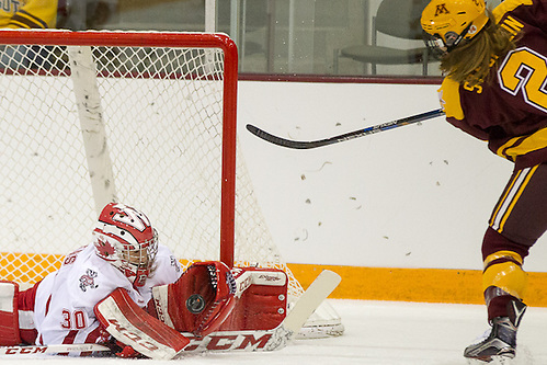 06 Mar 16:  Ann-Renee Desbiens (Wisconsin - 30), Lee Stecklein (Minnesota - 2). The University of Wisconsin Badgers play against the University of Minnesota Golden Gophers in the 2016 WCHA Final Face-Off Championship Game at Ridder Arena in Minneapolis, MN.UC (Jim Rosvold)