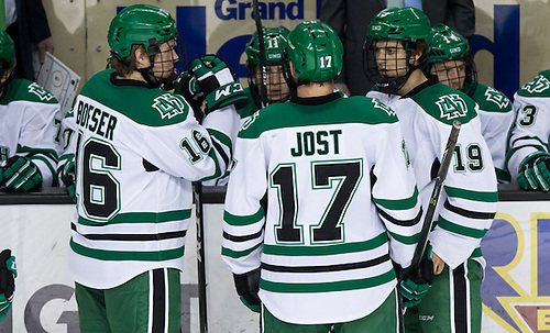 Brock Boeser (North Dakota-16) Tyson Jost (North Dakota-17) Shane Gersich (North Dakota-19) 17 Feb.25  University Nebraska Omaha and the University of North Dakota meet in a NCHC game at the Ralph Engelstad Arena in Grand Forks, ND (Bradley K. Olson)