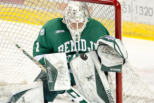 22 Jan 16:  Michael Bitzer (Bemidji State - 1). The Bemidji State University Beavers host the Ferris State University Bulldogs in a WCHA Conference matchup at the Sanford Center in Bemidji, MN. (Jim Rosvold)