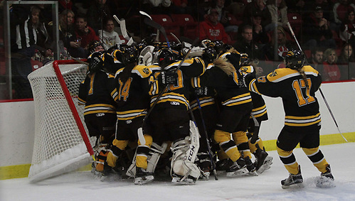 Gustavus Adolphus celebrates its upset win over Wisconsin-River Falls (Gustavus Adolphus Athletics)