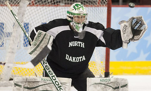 Matt Hrynkiw (UND - 30) - The University of North Dakota players  practiced at Philadelphia's Wells Fargo Arena on Wednesday, April 9, 2014, to prepare for their 2014 Frozen Four semi-final on Thursday. (Melissa Wade)