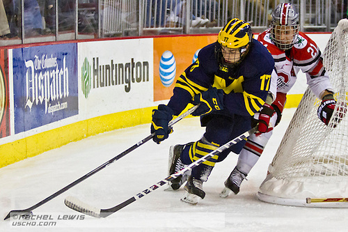 2015 FEB 20: Tony Calderone (UM - 17), Sam Jardine (OSU - 21)   The Ohio State Buckeyes beat the University of Michigan Wolverines 5-3 at Value City Arena in Columbus, OH. (©Rachel Lewis)