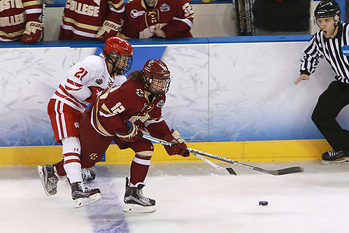 Baylee Wellhausen (Wisconsin-21) and Kenzie Kent (Boston College-12) in a 2017 NCAA Frozen Four semifinal at Family Arena in St. Charles, Mo. (Don Adams Jr.)