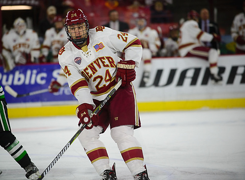 Colin Staub of Denver. North Dakota at Denver, Magness Arena, 11/18/17. (Candace Horgan)