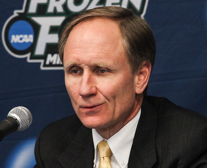 University of Boston head coach Brian Durocher during the post game news conference after losing to the University of Minnesota 6-3 in the 2013 NCAA Women's Frozen Four Championship game at Ridder Arena in Minneapolis on March 24, 2013... (Ryan Coleman/Ryan Coleman, USCHO.com)