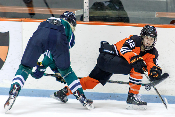 Kiersten Falck (Princeton - 22) and Maggie Knott  (Mercyhurst -4) battle along the boards. ((c) Shelley M. Szwast 2016)