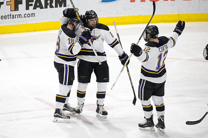 15 Dec 17: Max Coatta (Minnesota State - 12), Brad McClure (Minnesota State - 19), Josh French (Minnesota State - 26). The Minnesota State University Mavericks host the University of Alabama-Huntsville in the a WCHA matchup at Verizon Wireless Center in Mankato, MN. (Jim Rosvold)