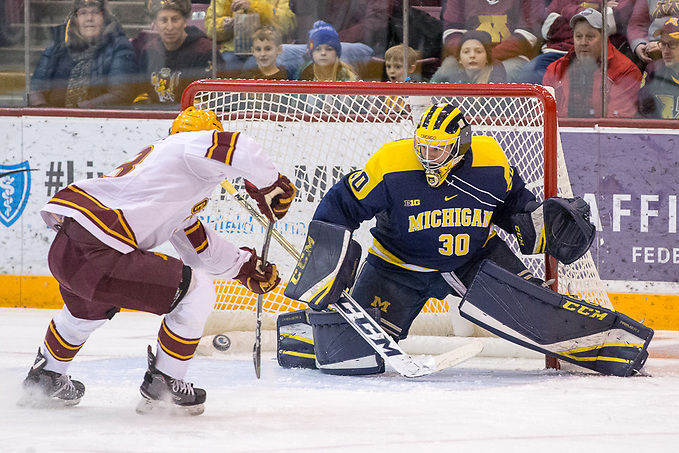 12 Jan 18: The University of Minnesota Golden Gophers host the University of Michigan Wolverines in a B1G matchup at Mariucci Arena in Minneapolis, MN (Jim Rosvold/USCHO.com)