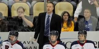 Robert Morris coach Derek Schooley. RMU mens hockey v Air Force at Consol Energy Center. Photo by Jason Cohn (JASON COHN/RMU ASSIGNED)