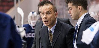 Mike Cavanaugh (UConn - Head Coach) The Boston University Terriers defeated the visiting University of Connecticut Huskies 4-1 (EN) on Sunday, November 17, 2013, at Agganis Arena in Boston, Massachusetts. (Melissa Wade)