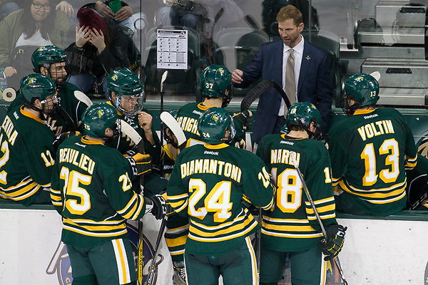 08 Dec 17: Grant Potulny (Northern Michigan - Head Coach). The Bemidji State University Beavers host the Northern Michigan University Wildcats in a WCHA Conference matchup at the Sanford Center in Bemidji, MN. (Jim Rosvold)