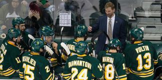 08 Dec 17: Grant Potulny (Northern Michigan - Head Coach). The Bemidji State University Beavers host the Northern Michigan University Wildcats in a WCHA Conference matchup at the Sanford Center in Bemidji, MN. (Jim Rosvold)