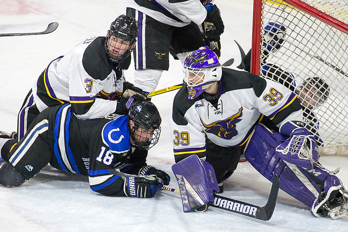 15 Dec 17:  Jack McNeely (Minnesota State - 3), Austin Beaulieu (Alabama-Huntsville - 18),  Jason Pawloski (Minnesota State - 39).  The Minnesota State University Mavericks host the University of Alabama-Huntsville in the a WCHA matchup at Verizon Wireless Center in Mankato, MN. (Jim Rosvold)