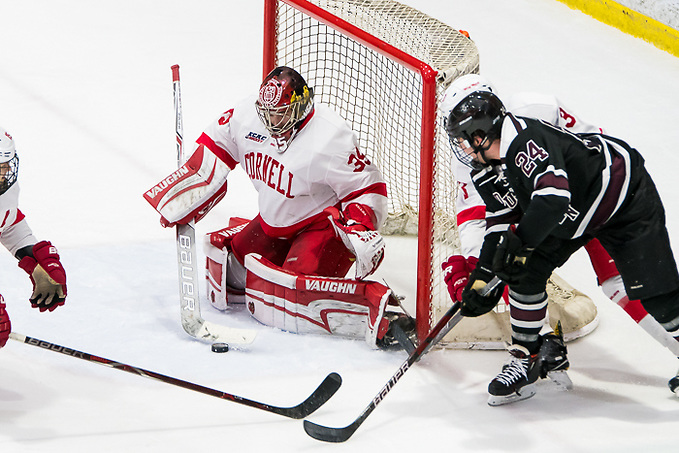 Matthew Galajda (35 - Cornell) had 24 saves in a 4-3 win vs Union (2018 Omar Phillips)