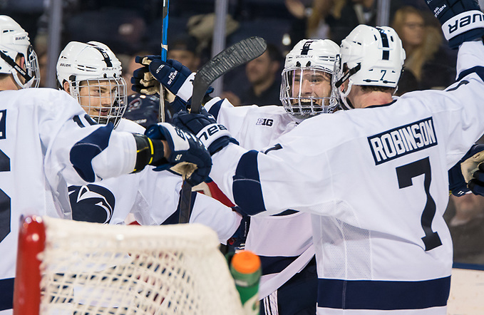 Penn State players celebrate a goal by Trevor Hamilton (11 - Penn State) (Omar Phillips 2017)