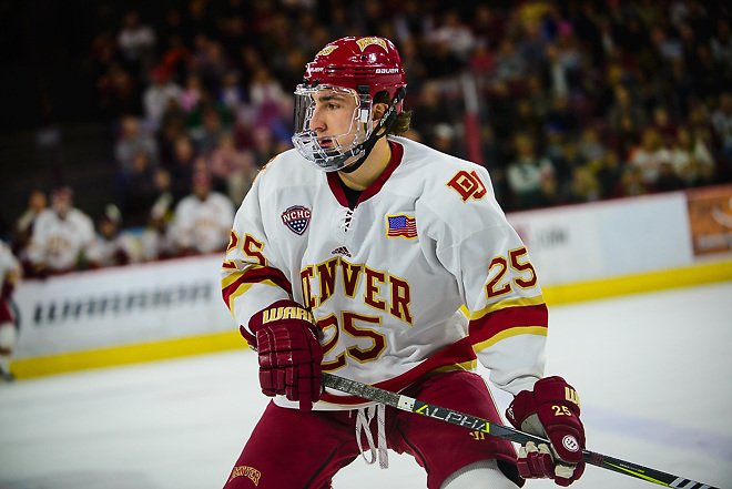 Blake Hillman of Denver, Colorado College at Denver, NCHC first-round playoffs, March 10, 2017. (Candace Horgan)