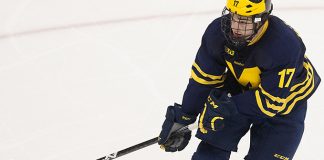 Tony Calderone (Michigan - 17) - The Boston University Terriers defeated the visiting University of Michigan Wolverines 3-2 on Saturday, October 25, 2014, at Agganis Arena in Boston, Massachusetts. (Melissa Wade)