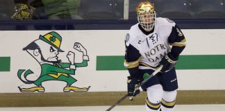 10 Oct 14: Jordan Gross (Notre Dame - 3) The University of Norte Dame Fighting Irish host the Rensslaer Polytechnic Institute in the second game of the 2014 Icebreaker at the Compton Family Ice Center in South Bend, IN. (Jim Rosvold)