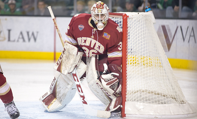 Tanner Jaillet (Denver-36) 16 November 11 Denver University and University of North Dakota meet in a NCHC conference contest at Ralph Engelstad Arena (Bradley K. Olson)