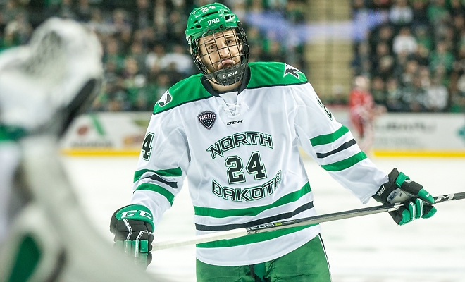 Christian Wolanin (North Dakota-24) 2017 Nov. 11 The University of North Dakota hosts Miami of Ohio in a NCHC matchup at the Ralph Engelstad Arena in Grand Forks, ND (Bradley K. Olson)