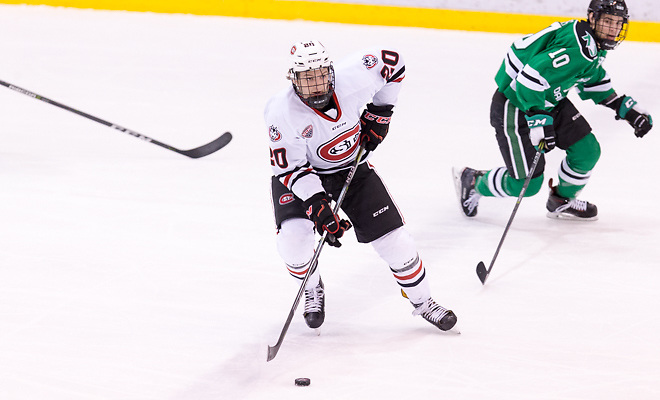 Will Borgen (SCSU-20) Johnny Simonson (North Dakota-10) 2017 Dec. 9 The St.Cloud State University Huskies host North Dakota in a NCHC matchup at the Herb Brooks National Hockey Center in St. Cloud, MN (Bradley K. Olson)