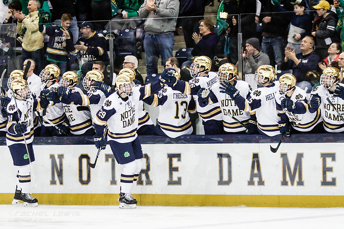 17 MAR 2018: Bo Brauer (ND - 29), Jake Evans (ND - 18). The University of Notre Dame Fighting Irish host the Ohio State University in the 2018 B1G Championship at Compton Family Ice Arena in South Bend, IN. (Rachel Lewis - USCHO) (Rachel Lewis/©Rachel Lewis)