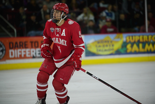 Grant Hutton of Miami. Miami at Denver at Magness Arena, March 3, 2018. (Candace Horgan)