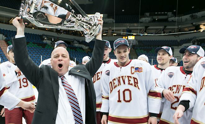 Jim Montgomery Head Coach Denver 14 MARCH 22: Denver University and Miami of Ohio National Collegiate Hockey Conference Tournament match-up at the Target Center in Minneapolis,Minnesota (Bradley K. Olson)