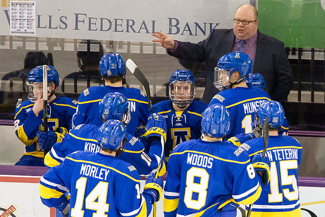 3 Mar 17: Dallas Ferguson (Alaska - Head Coach). The Minnesota State University Mavericks host the University of Alaska Fairbanks in the a WCHA Tournament Quarterfinal matchup at Verizon Wireless Center in Mankato, MN. (Jim Rosvold)