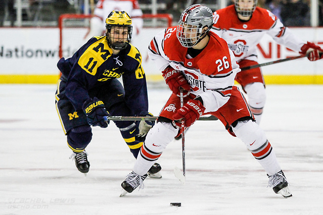 FEB 25, 2017: Mason Jobst (OSU - 26), Brendan Warren (UM - 11). The #12 Ohio State Buckeyes get shut out 1-0 by the University of Michigan Wolverines at the Schottenstein Center in Columbus, OH. (Rachel Lewis)