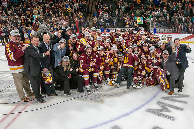 7 Apr 18: The University of Minnesota Duluth plays against the University of Notre Dame in a National Championship game of the the 2018 NCAA Division 1 Men's Frozen Four at the Xcel Energy Center in St. Paul, MN. (Jim Rosvold/USCHO.com)