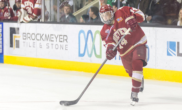 Jarid Lukosevicius (Denver-14) 16 November 12 Denver University and University of North Dakota meet in a NCHC conference contest at Ralph Engelstad Arena (Bradley K. Olson)