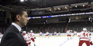 31 MAR 2013: MIami Head Coach Enrico Blasi. Miami University plays St. Cloud State University in the NCAA Midwest Regional finals at the Huntington Center in Toledo, OH. The winner of this game goes to the Frozen Four in Pittsburgh. (USCHO - Rachel Lewis) (©Rachel Lewis)