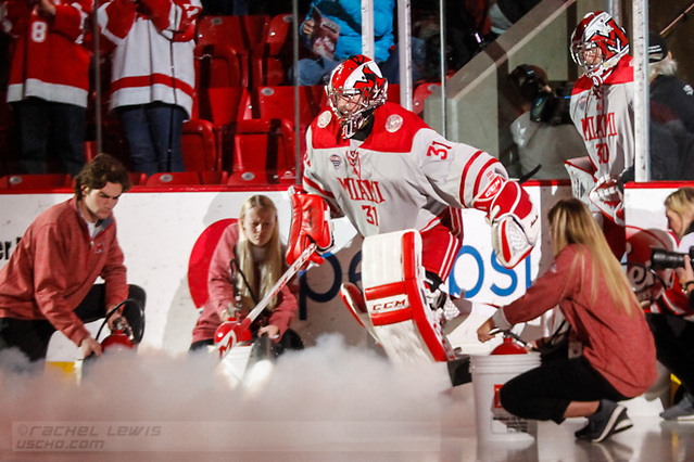 NOV 4, 2017: Ryan Larkin (MIA - 31). The Miami RedHawks lose to the Colorado College Tigers 2-1 Satuday, November 4, 2017 at Steve Cady Arena in Oxford, OH. (Rachel Lewis/©Rachel Lewis)