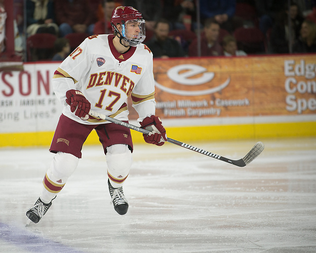 Slava Demin of Denver. Minnesota Duluth at Denver at Magness Arena, November 17, 2018. (Candace Horgan)